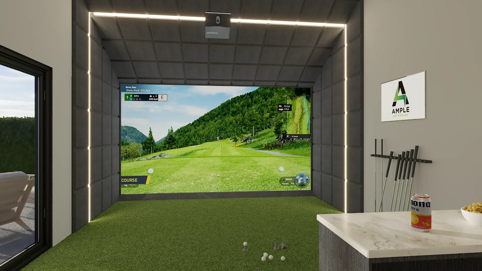 3D design visualisation of a golf simulator with padded enclosure, integrated lighting and club storage