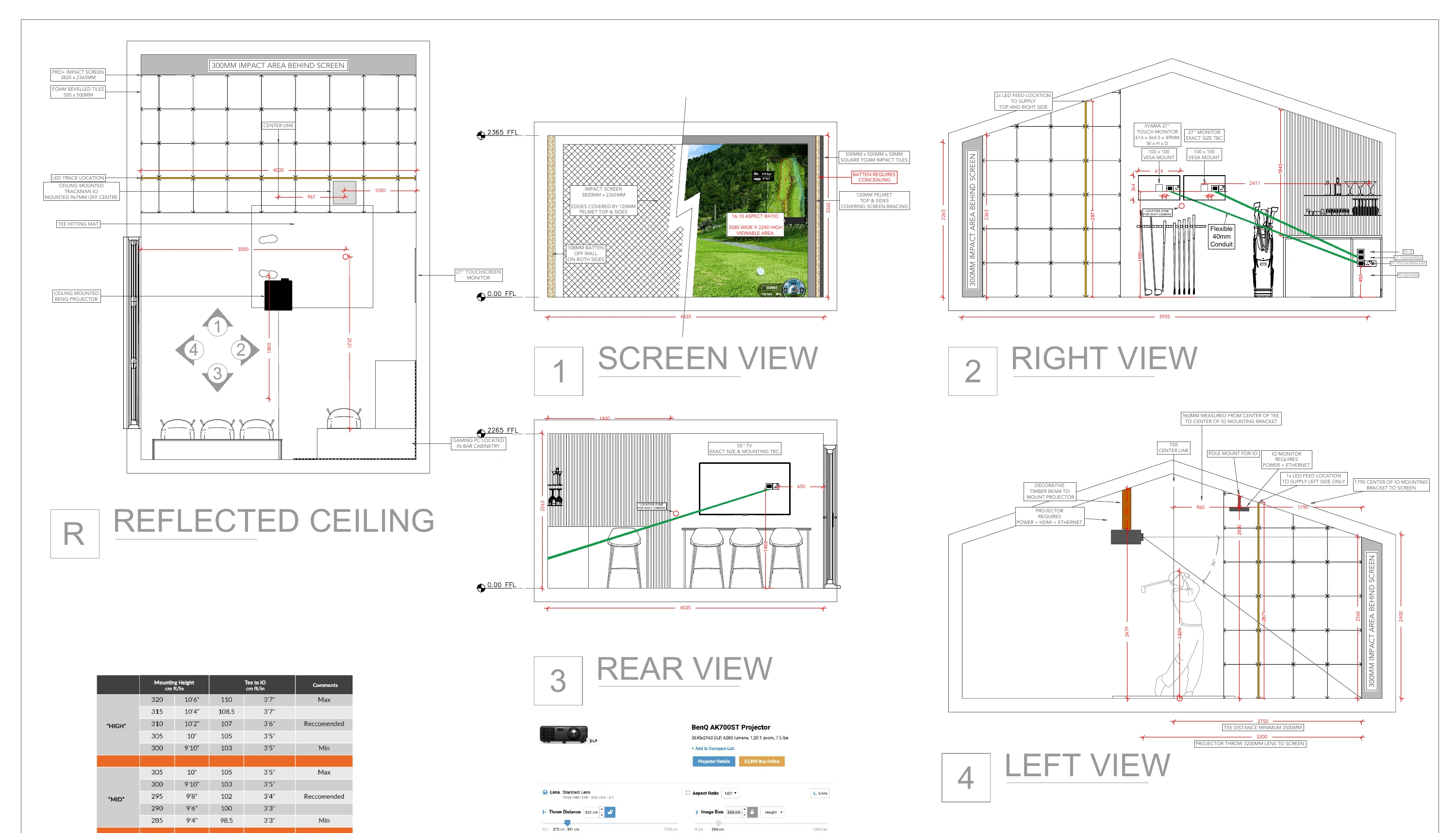 Anonymised simulator design drawing with ceiling layout, room elevations, screen dimensions and equipment positioning