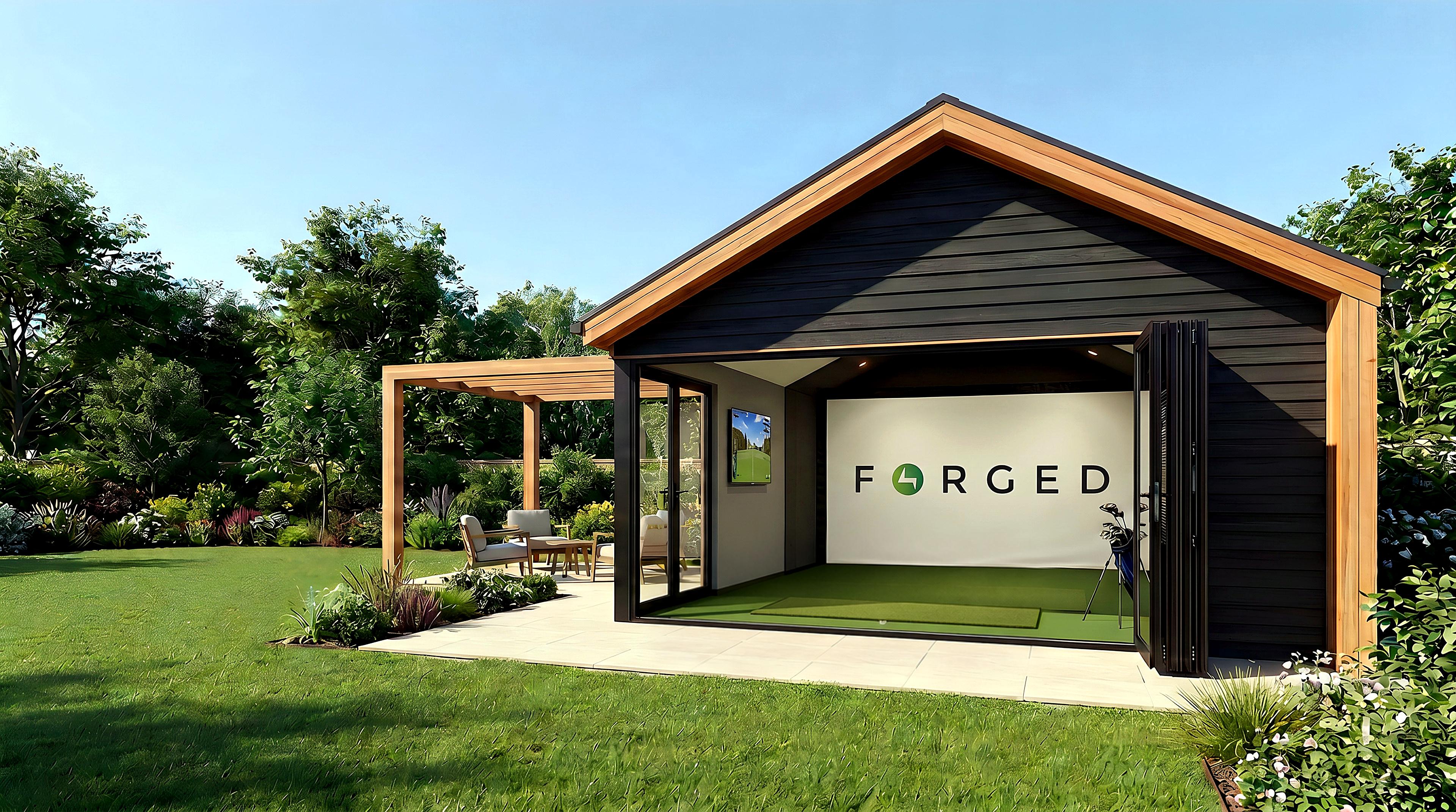 Concept visualisation of a pitched-roof garden golf studio with Forged branding on the impact screen