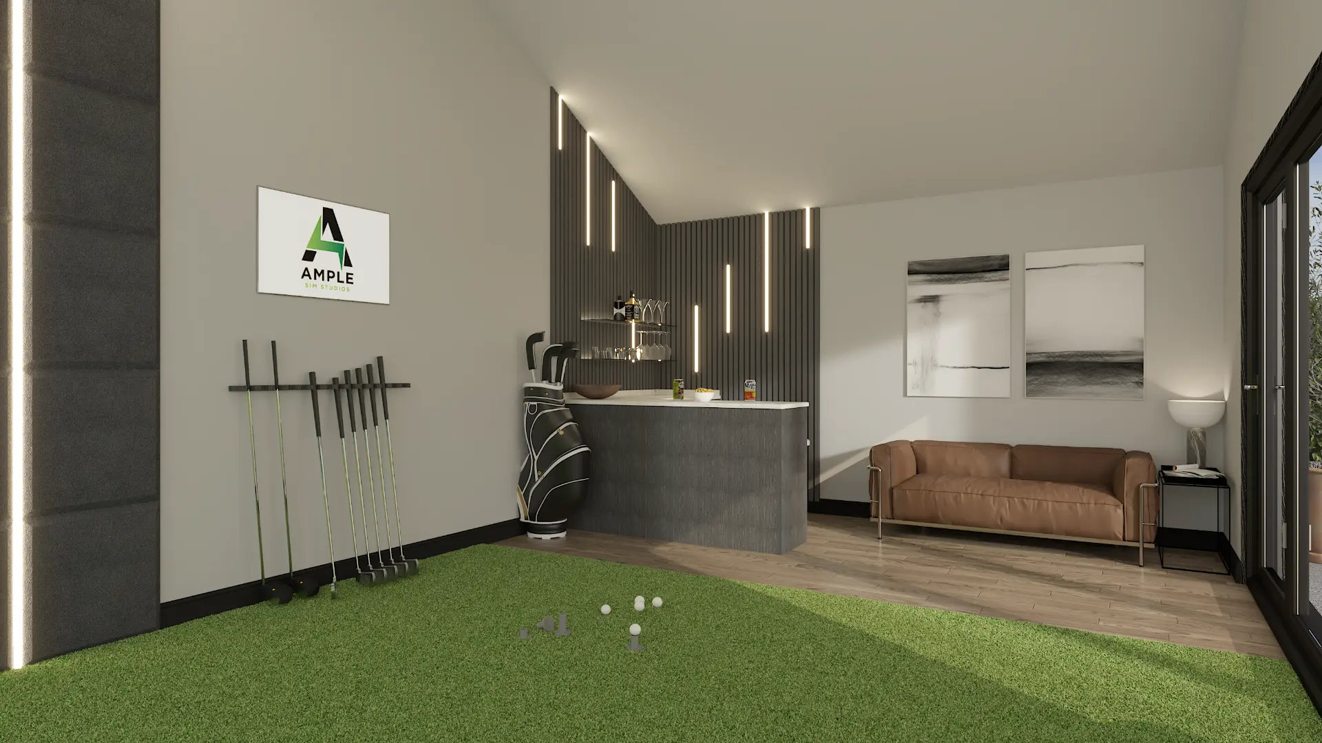 3D design visualisation of a bespoke bar, slatted feature wall and lounge beside the simulator
