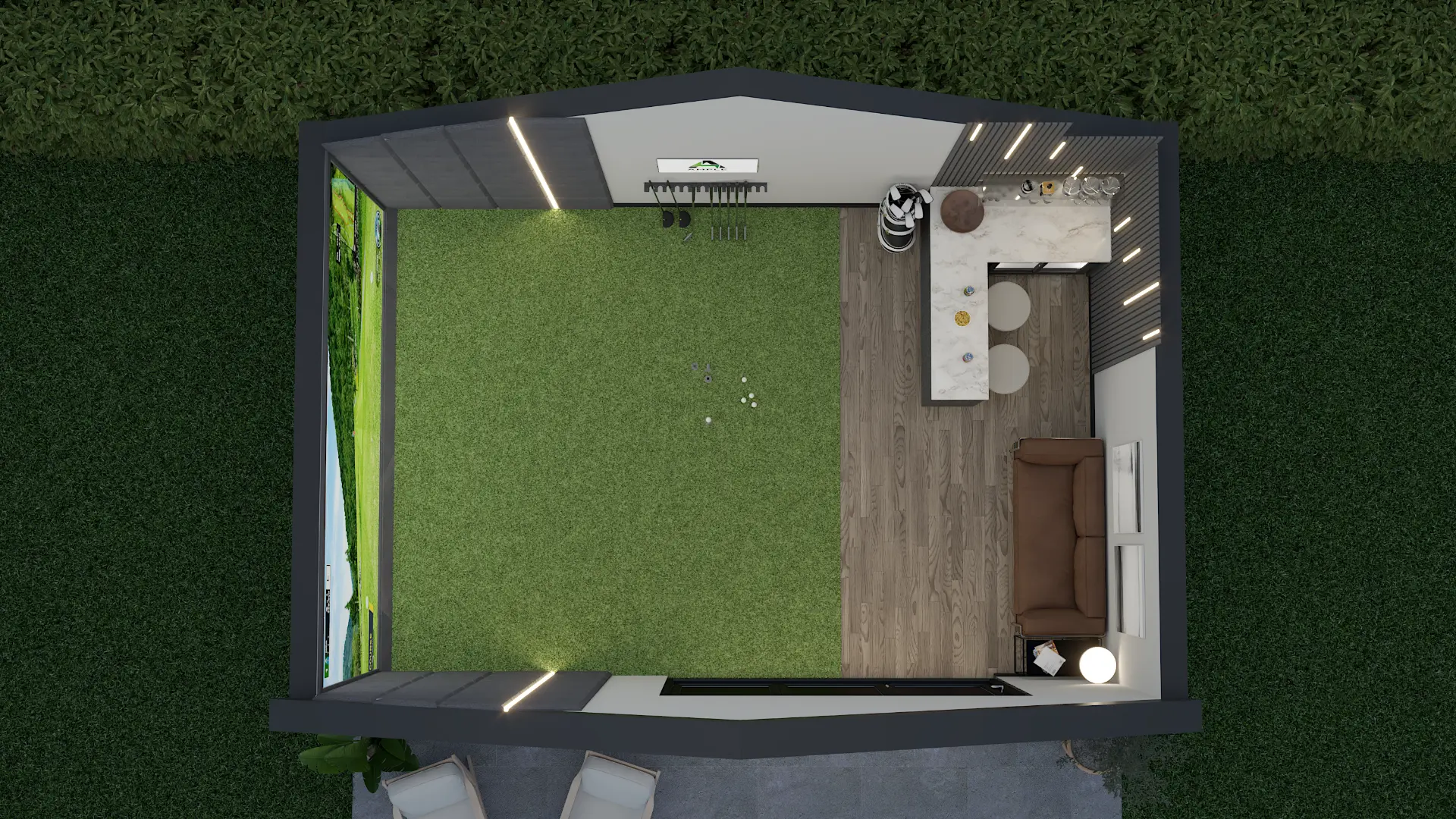 Overhead 3D layout showing the relationship between the hitting bay, bar, seating and entrance